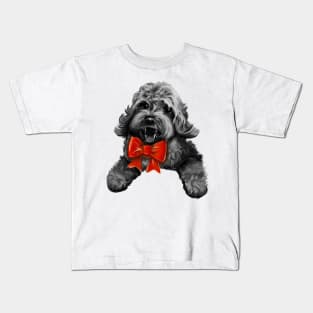 Cute Cavapoo Cavoodle puppy dog with red bow  - Monochrome cavalier king charles spaniel poodle, puppy love Kids T-Shirt